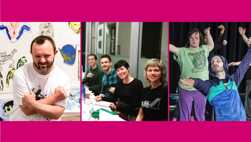 Three images: Artist Nathan Gooley with exhibition ‘superheats and monsters’, participants at Accessible Arts training, choreographer Marc Brew supporting Catalyst Artist Residents