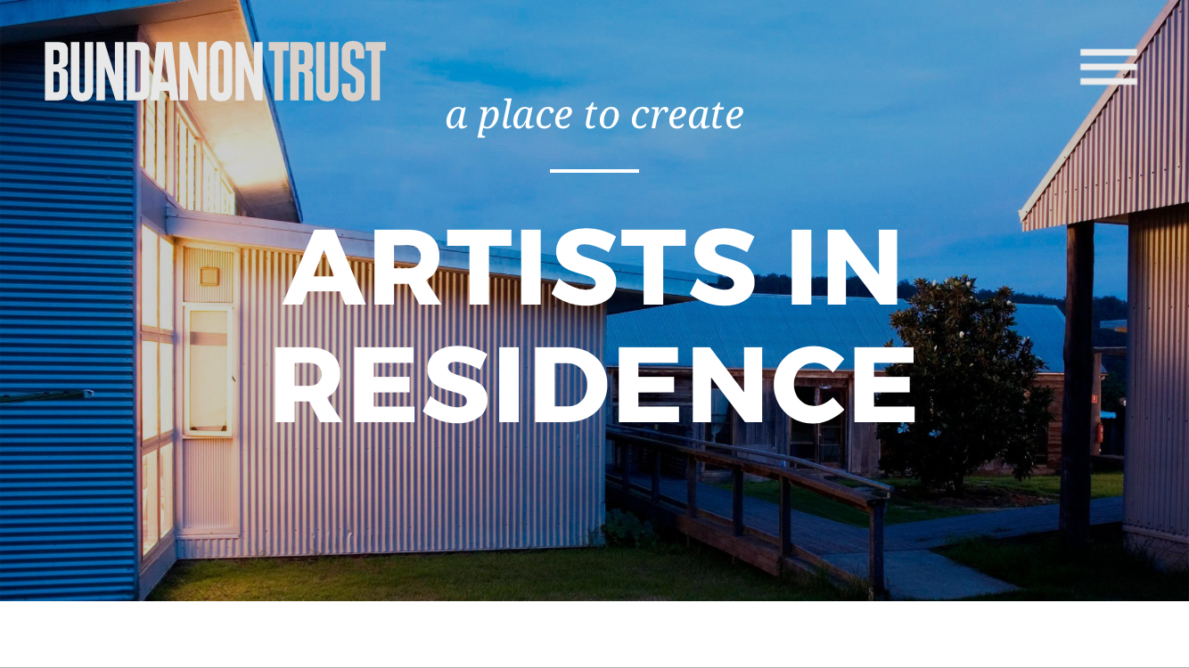 The Bundanon residency at dusk with the following words overlaid: Bundanon Trust, a place to create. Artists in Residence.