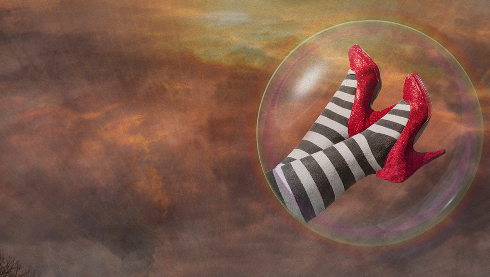 Detail of a painting showing two crossed legs in the air with striped black and white socks in red high heels by Livonne Larkins