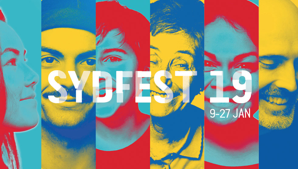 Sydney Festival 2019: A composite image of 6 vertical images in colours of red, yellow and blue