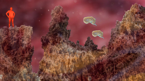 Image of art work for the John Fries Award. Image is an artwork, with a red human figure to the left and underwater creatures to the right.