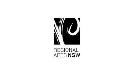 Image is logo of Regional Arts NSW, a white images of lines of a black background.