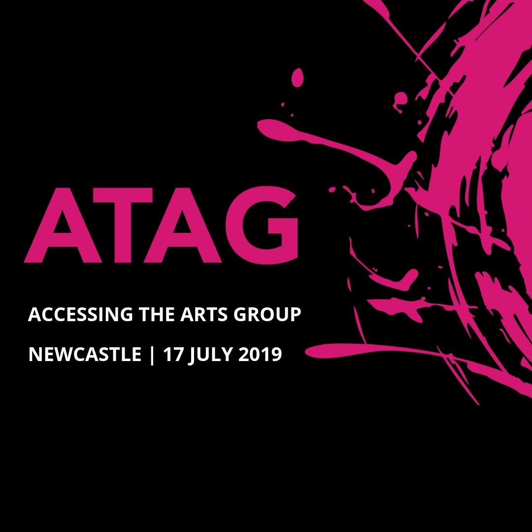 Image of ATAG logo, black background with pink writing on it - 'ATAG Accessing the Arts Group'