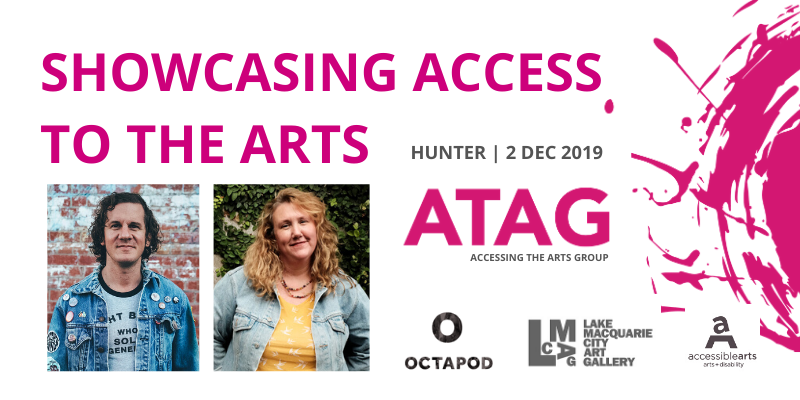 Image shows a man and woman, with the words 'Showcasing Access to the Arts' across the top. All on a white background.