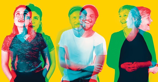 Image shows three people in a row, featured in a range of colours and outlines, against a yellow wall.