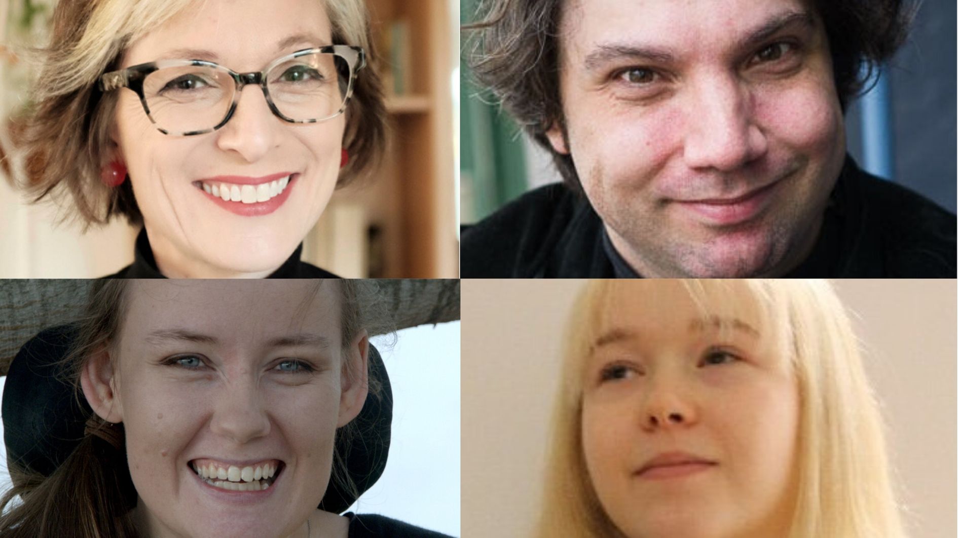 Image is four headshots of people - three women and one man - with various backgrounds.