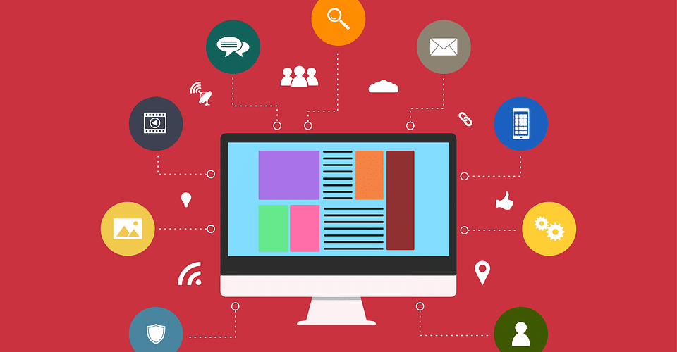 Image is an illustration of a laptop computer with various communication icons emerging from the screen in colourful graphics