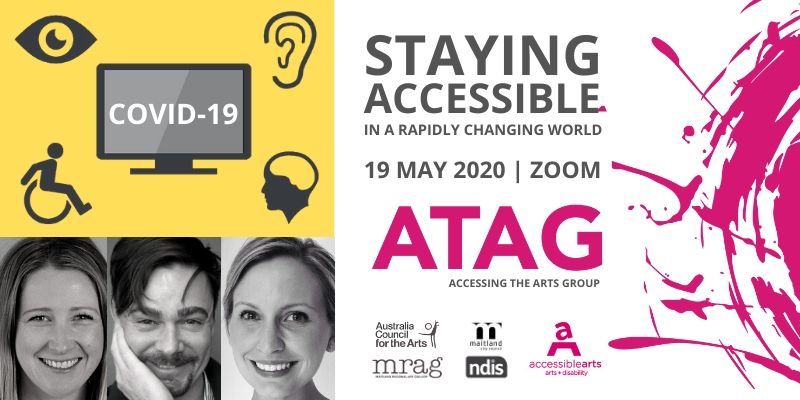 Image shows a COVID-19 logo, headshots of three speakers and the words ''Staying Accessible in a Rapidly Changing World' across one side.