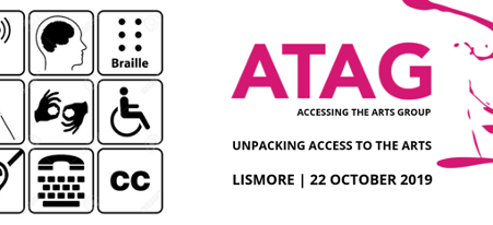 Promotional image for ATAG event featuring black and white accessibility icons and text about key event information