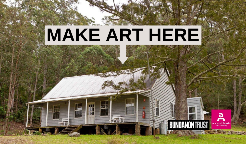 A cabin in a rural setting. the words MAKE ART HERE are above the cabin in a grey box with a grey arrow coming out of the box and pointing down at the cabin.