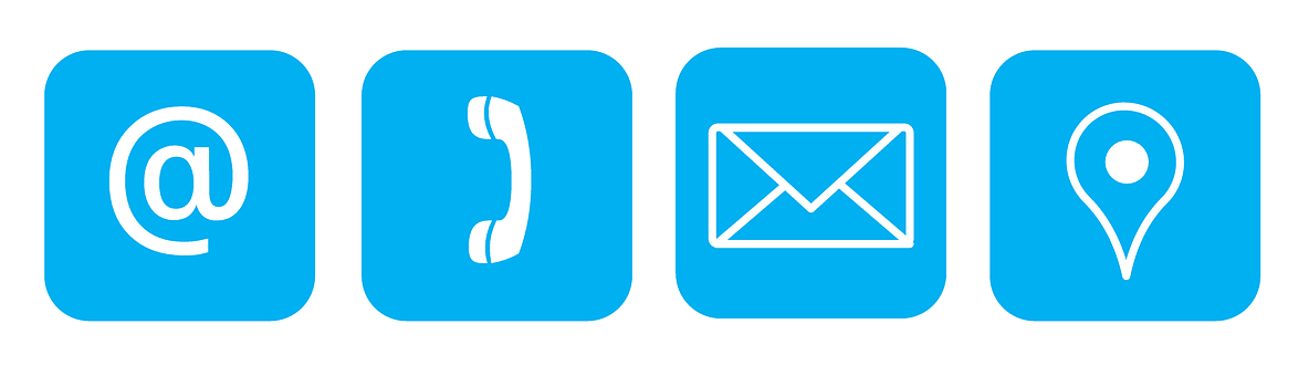 white communication icons in blue squares
