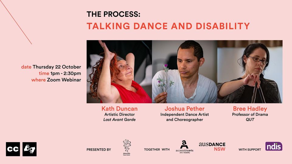 Promotional image featuring text and headshots of panellists