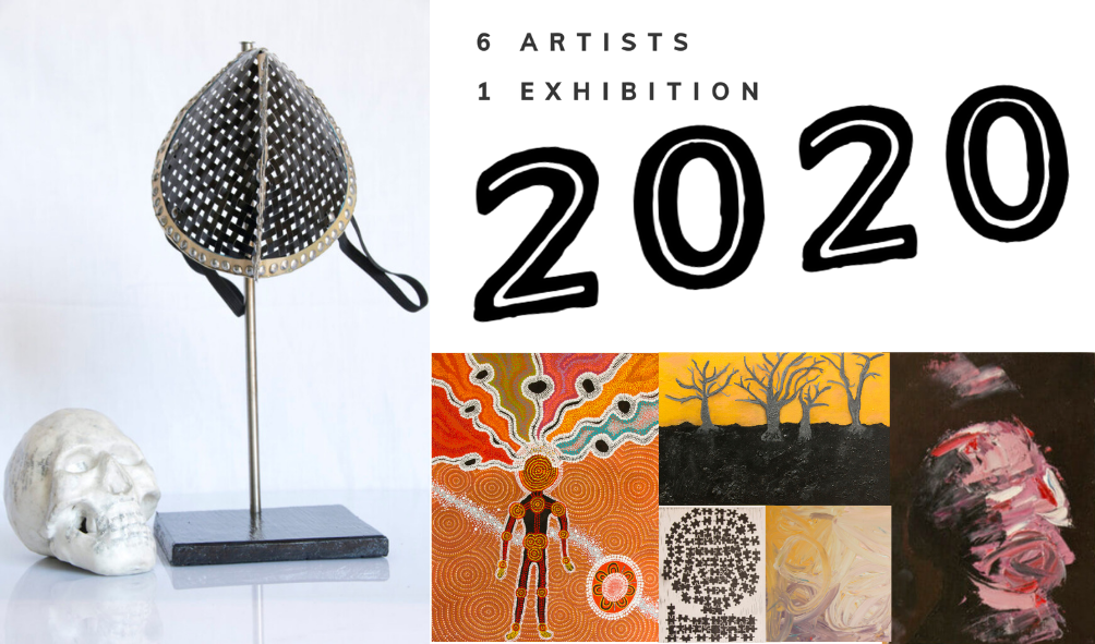 On the left is a large image of a mental mask on a display stand next to a human skull. On the right are smaller images of five colourful paintings underneath text which reads 6 ARTISTS 1 EXHIBITION 2020.