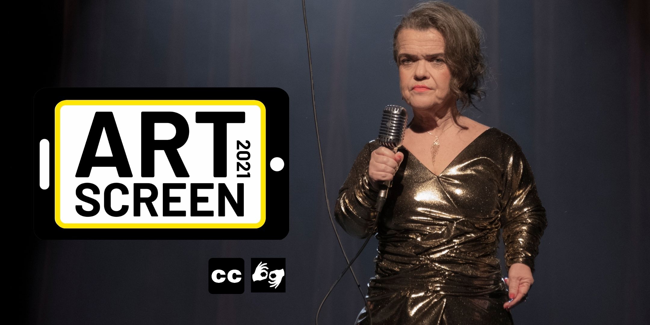 A short statured woman is standing on stage in front of a red curtain. She is wearing a gold dress and holding an old-fashioned microphone in a chrome casing. On the left is an ArtScreen logo with the word Art and Screen in black font on a white background inside a simple illustration of a mobile phone.