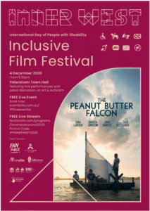 Promotional flyer for Inner West Inclusive Film Festival with text, images and logos. The flyer is dark red with yellow text. The image is of three people on a raft on a river.