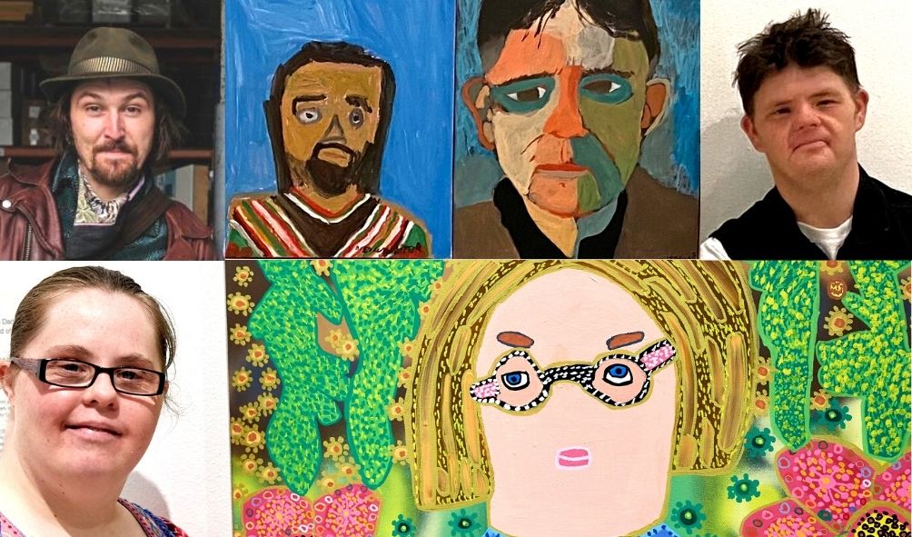 2 male artists and one female artist alongside painted portraits of themselves. The portraits of the male artists feature blue and brown colours. The portrait of the female artist features green, yellow and pink.
