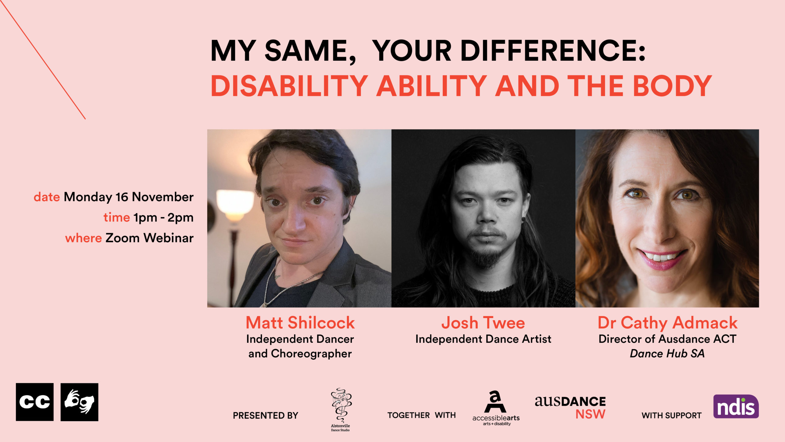 Image Description: A promotional image for the event with headings, text and headshots of two men and one woman. 