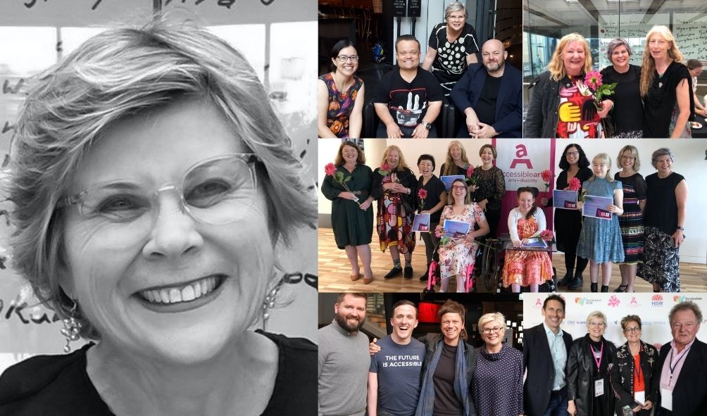 On the left is a a headshot of a woman smiling. She has short hair and is wearing glasses and a dark top. On the right is a montage of photos of various people.