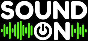 The words SOUND and ON are stacked in a white font in capital letters with a lime green sound wave on either side of the word ON. The letter O in ON is a power on icon.