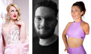 On the right is a colour photo of a blonde woman wearing a pink corset and skirt. In the middle is a black and white headshot of a man with beard and glasses. On the right is a colour photo of a woman with dark hair wearing a pink sports top and shorts.