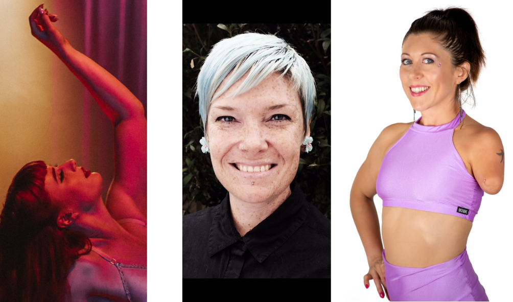 On the right is a colour photo of a blonde woman wearing a pink corset and skirt. In the middle is a colour headshot of a woman with short grey hair wearing a black top. On the right is a colour photo of a woman with dark hair wearing a pink sports top and shorts.