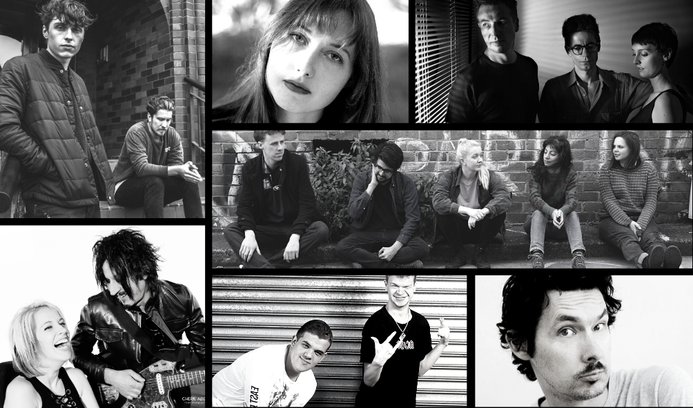 Black and white photos of people of diverse age, gender and cultural backgrounds in various settings.