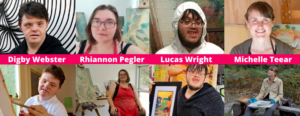 A composite image of four visual artists. There are two rows of photos. The first row is head shots of two women and two men. The row underneath shows the same people with artworks they have created.