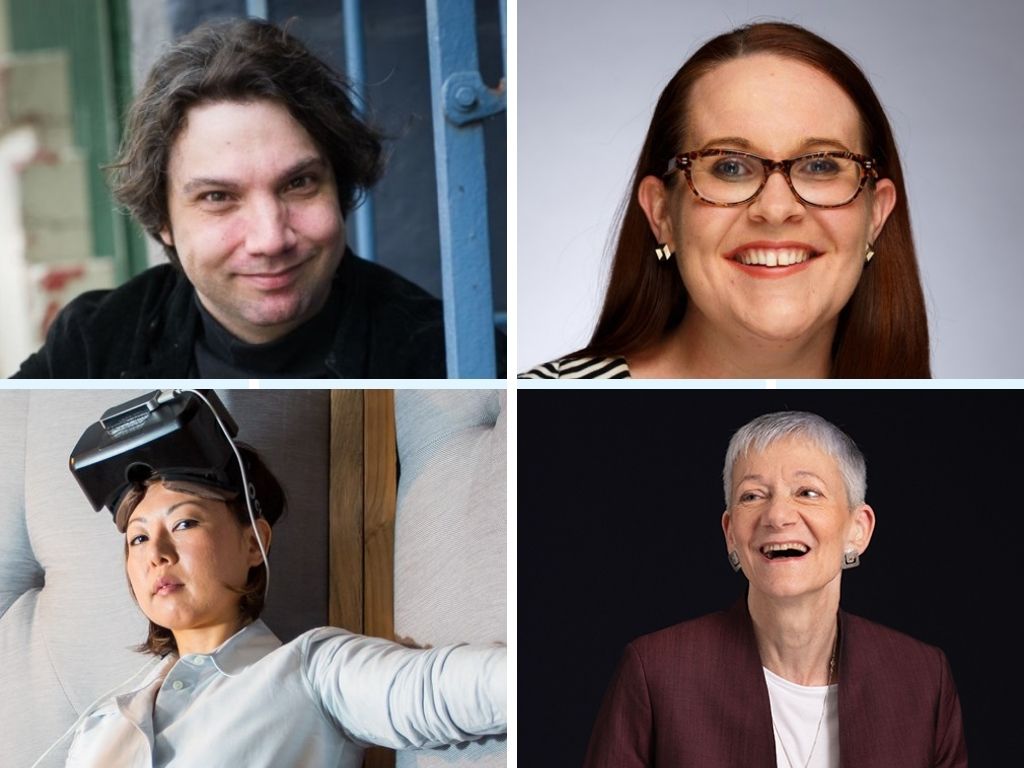 Four headshots in a square. Top left to bottom right: Person with dark hair smiling; person with long dark hair and brown framed glasses smiling; person standing against padded walls wearing black headgear; person with short, grey hair and maroon jacket laughing.