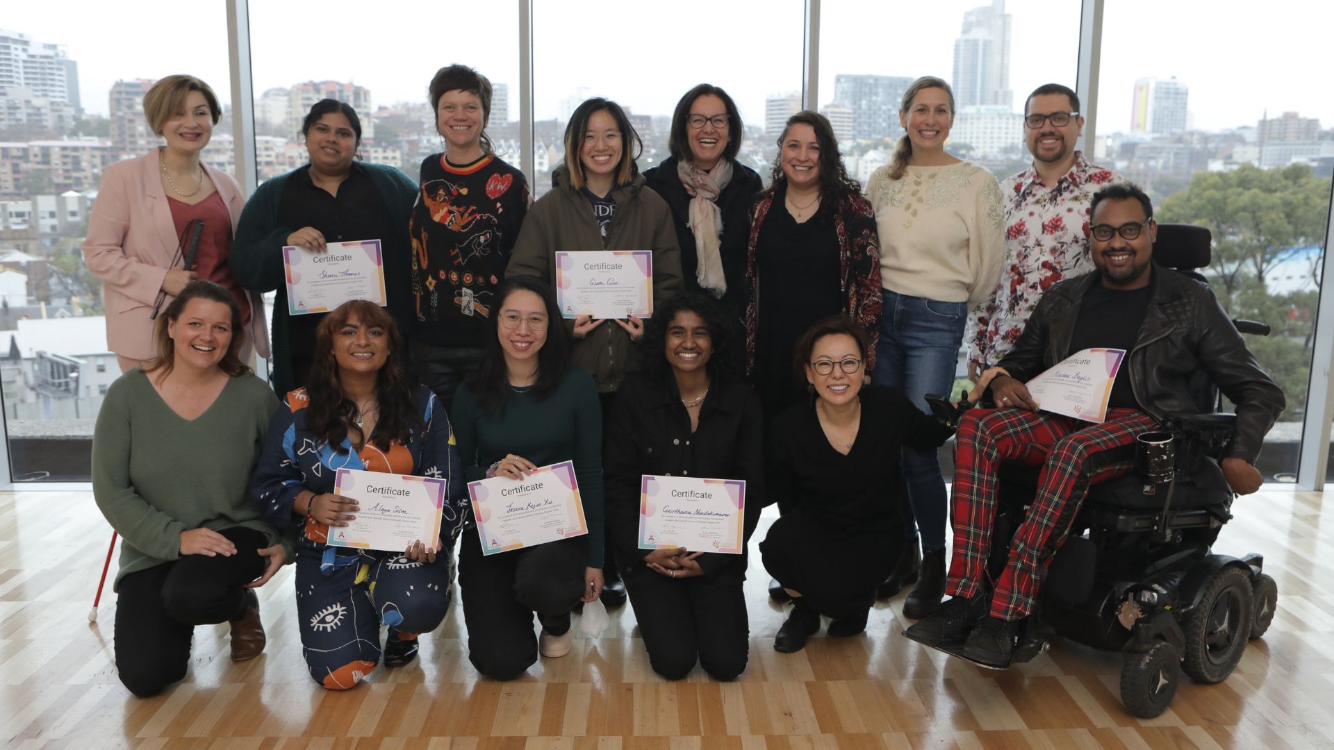 2022 Disability and Culturally Diverse Internship Graduation Ceremony featuring graduating interns, staff from Accessible Arts and Diversity Arts Australia and ceremony keynote speaker. Photo by Dieter Knierim
