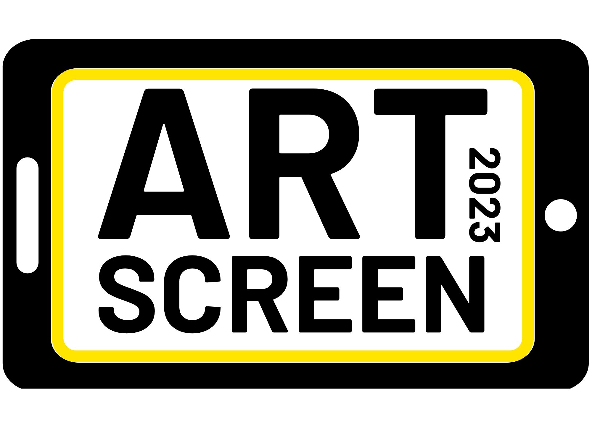 A black and white tablet with the text ARTSCREEN 2023 in a yellow border.