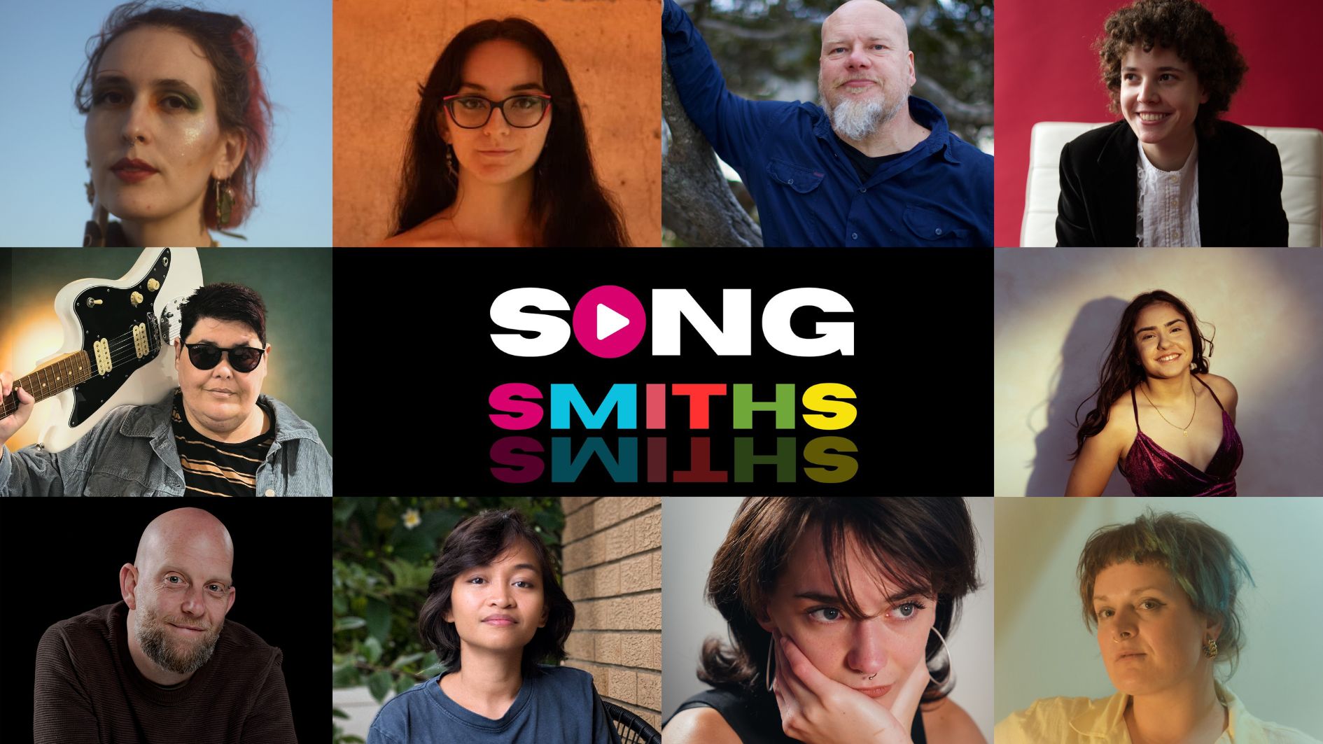 Headshots of the 2026 Songsmiths participants (from top left to bottom right): Jennifer Hankin aka The Emerald Ruby, Leila Harris (photo by Damien Nguyen), Dave Houston (photo by Rory Mangrove), Rowan Kremer, Sarah Minter, Monica Prieto aka Carmon (photo by Chelsea), Dean Nash (photo by Phil Erbacher), Anna del Rosario, Jesse Rose aka Rosarrie (photo by Amy Kieko) and Lola Sola.